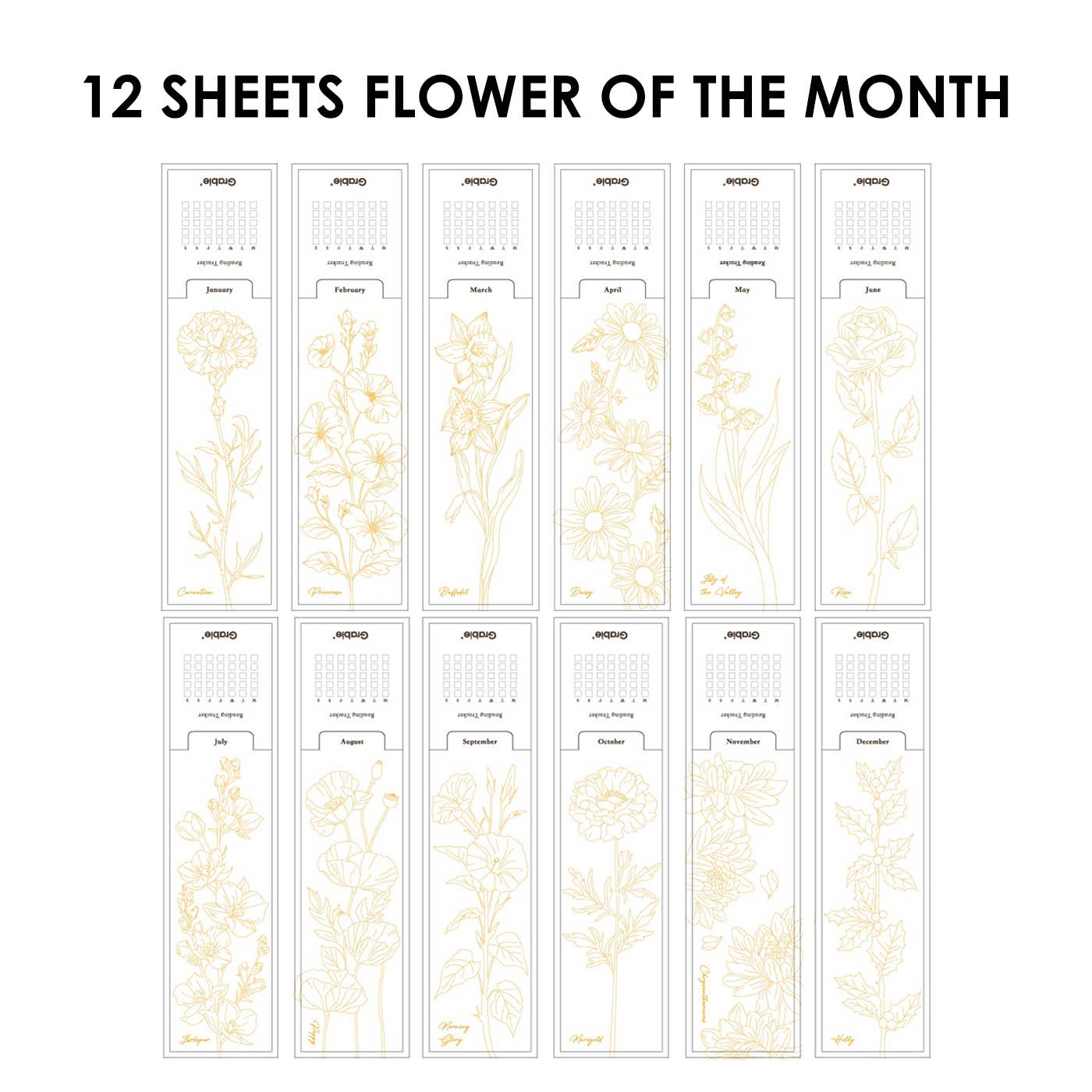 12 sheets of floral designs with text 'Flower of the Month' on a white background