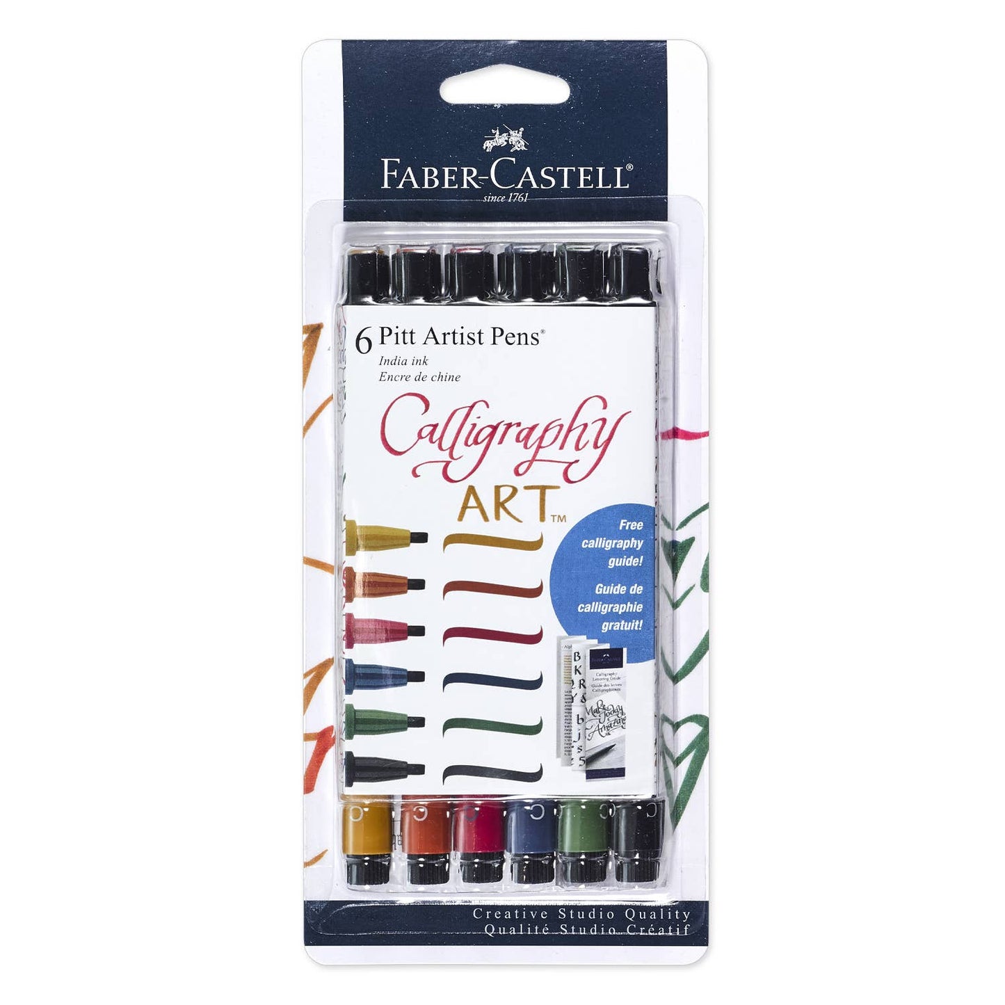 Pack of Faber-Castell Pitt Artist Pens Calligraphy Art with colorful ink samples on a white background