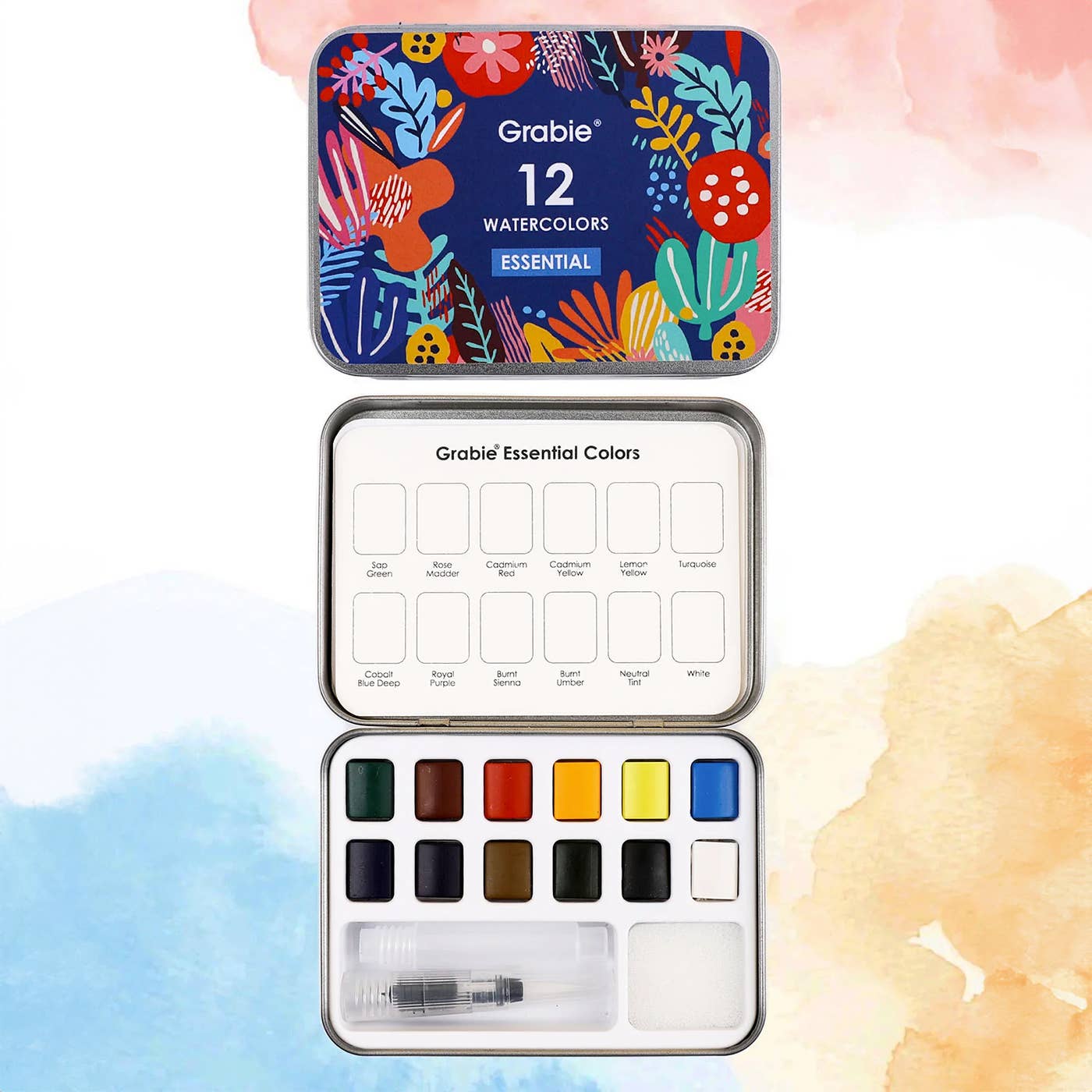 Grabilie watercolor set with colorful tin lid and color swatches on a watercolor background
