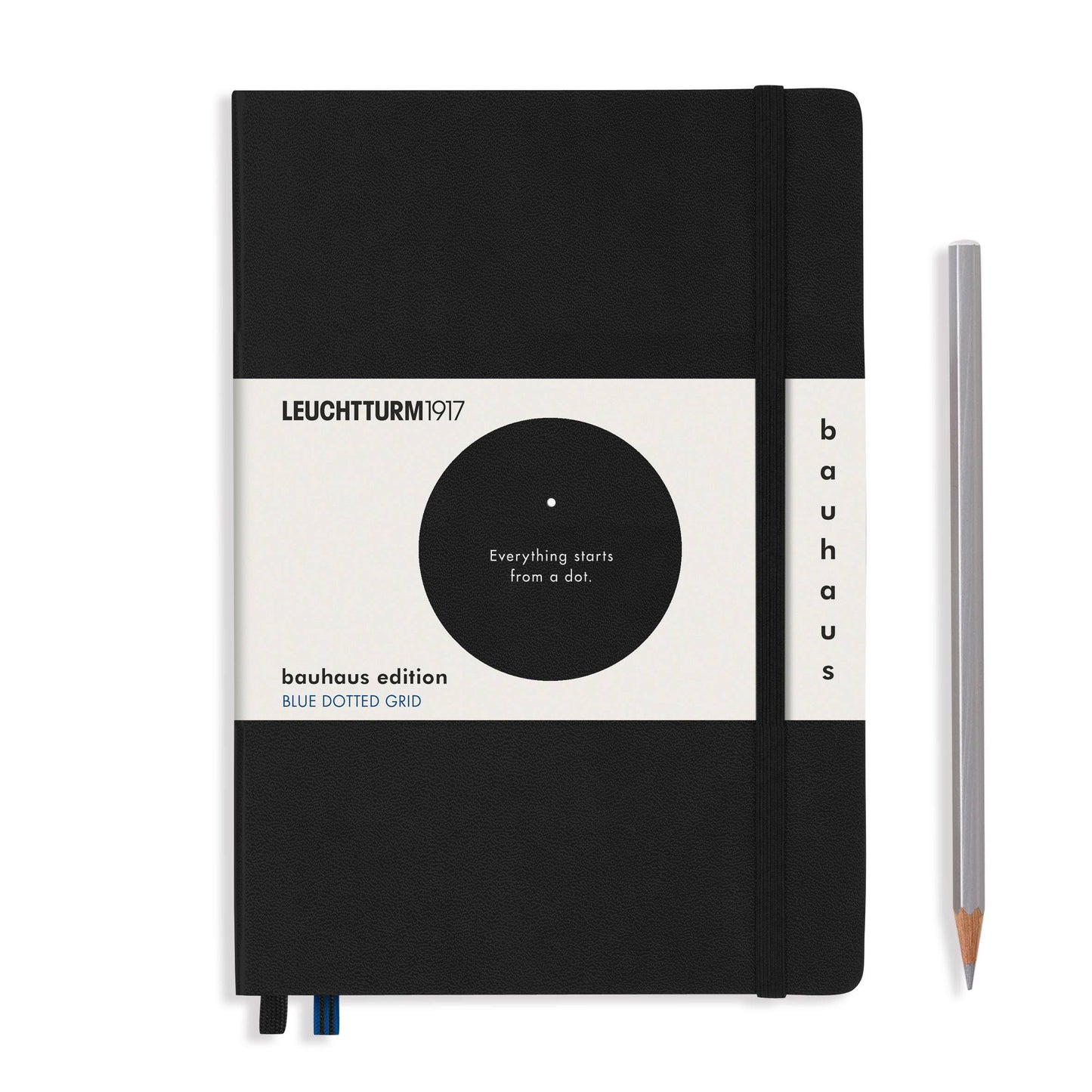 Black notebook with white label featuring Leuchtturm1917 branding and a pencil on a white background