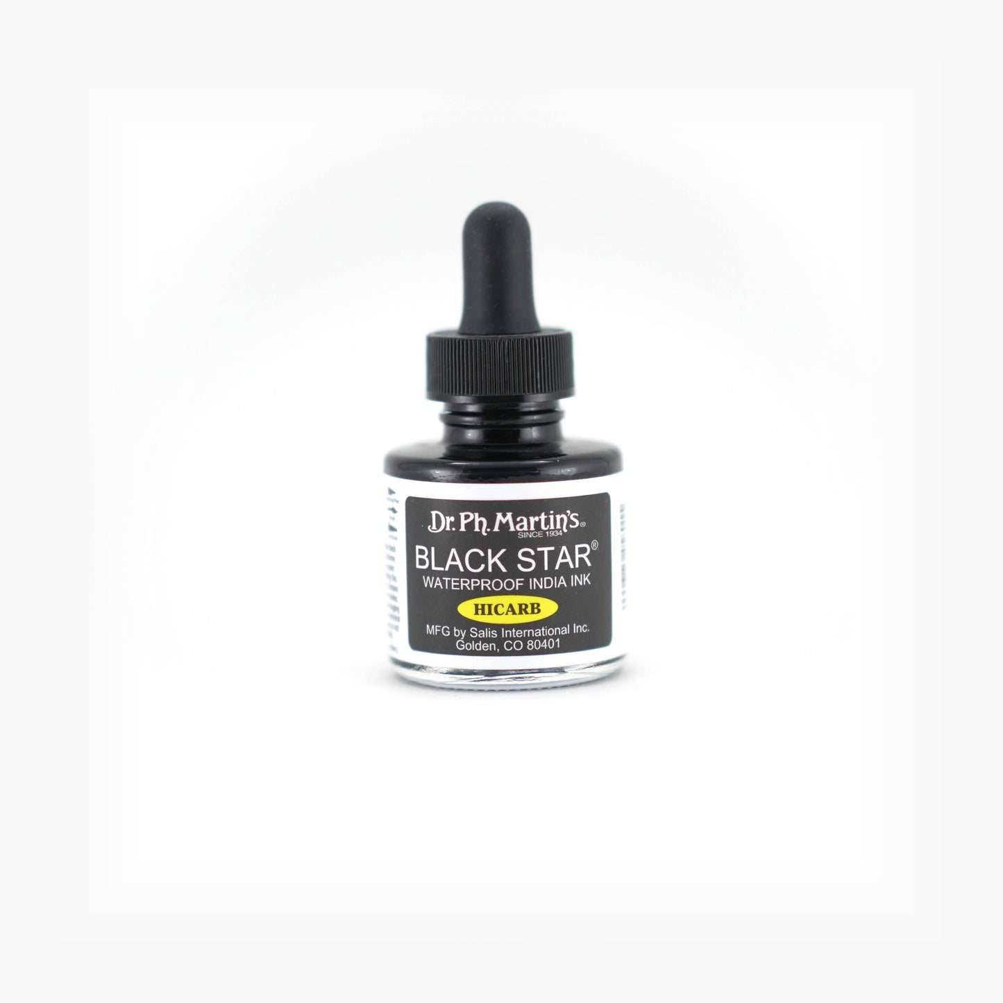 Bottle of Dr. Ph. Martin's Black Star Waterproof India Ink on a white background