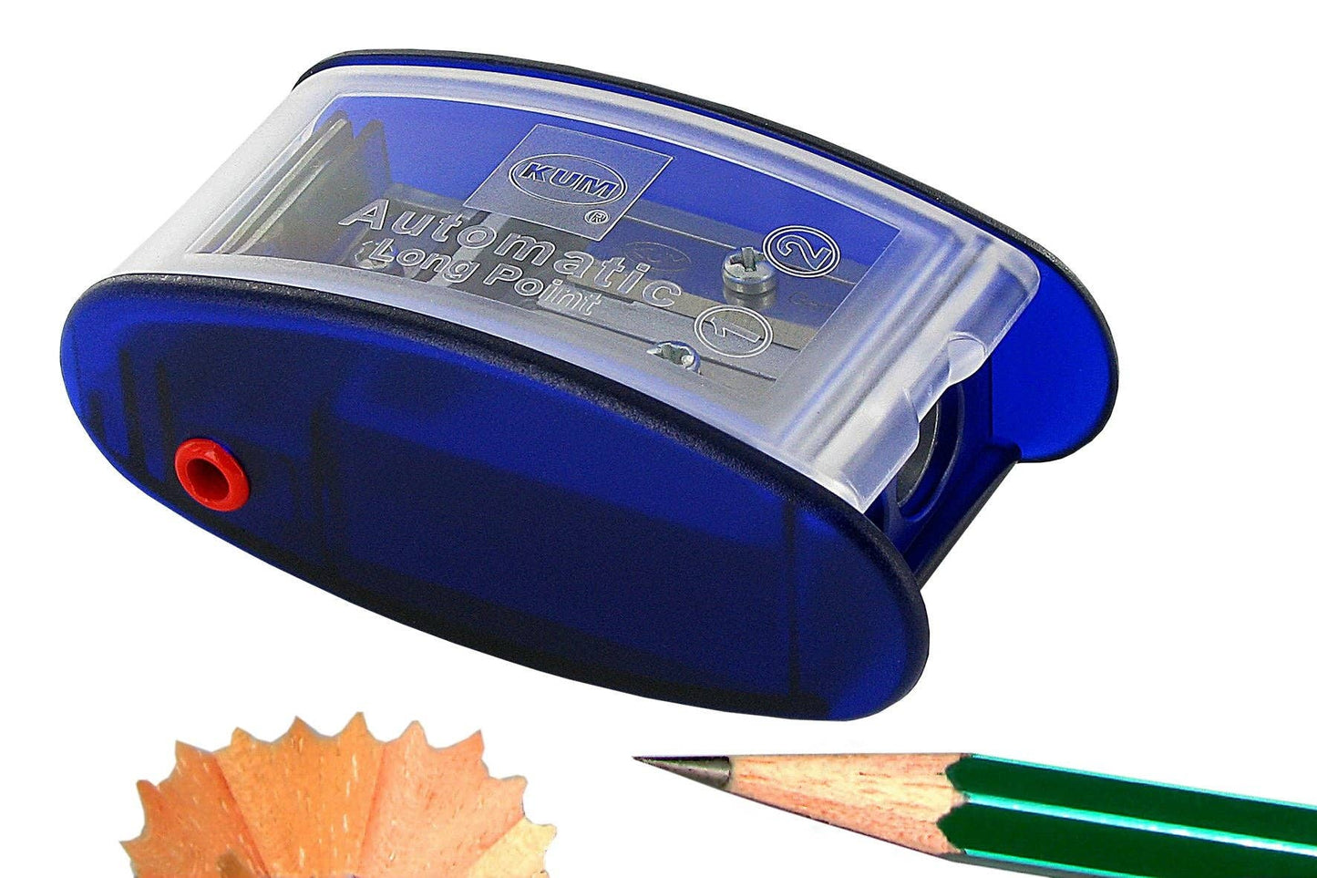 Blue pencil sharpener with a pencil and sharpened lead on a white background