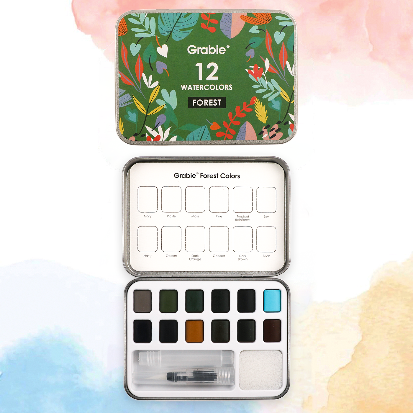 Grabie watercolor set with forest-themed design on a white background