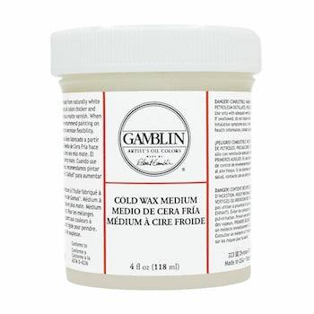 A container of Gamblin Cold Wax Medium for oil colors, with a label detailing the product information.