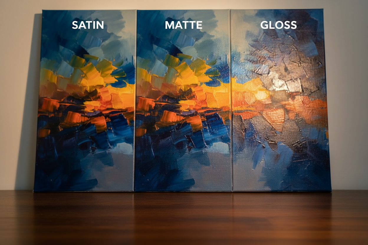 Three panels labeled 'Satin', 'Matte', and 'Gloss' displaying abstract art.