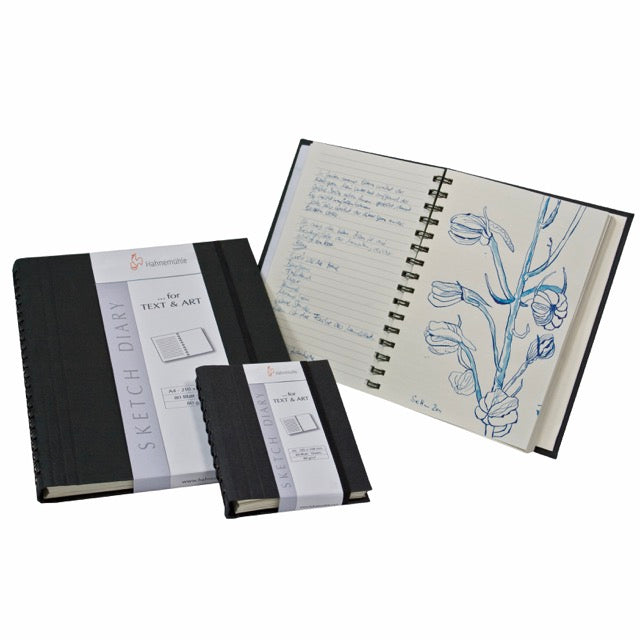 A black, spiral-bound Hahnemuehle sketch diary with a simple design and a strap on the cover.