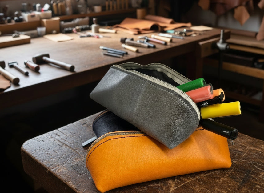 Gray pouch handmade leather pouch with colorful markers on an orange leather case in a workshop setting. Custom made leather pouches by JMA Leather Works located in Huntsville, AL. Purchase in Huntsville Art Supplies.