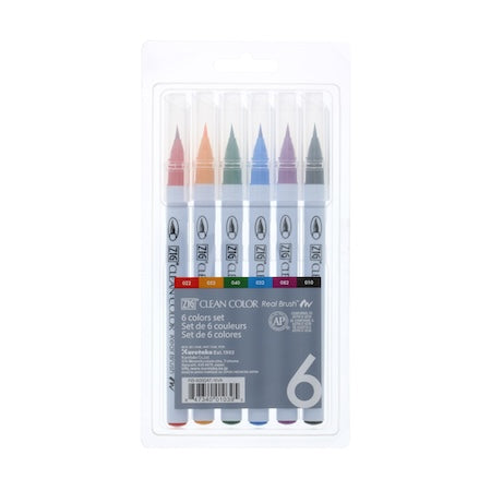 Kuretake Zig Clean Color Real Brush Marker Set, 6-Colors