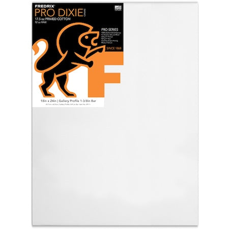 A stretched canvas with a FREDRIX DIXIE branding, predominantly white in color with a black and orange logo on the packaging.