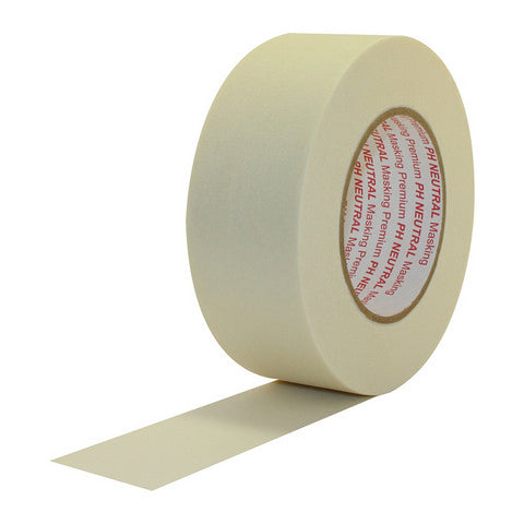 Roll of beige masking tape with a visible brand label on a white background