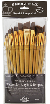 Royal Brush Zip N' Close 12-Brush Set, Brown Taklon, Short Handle, Flat
