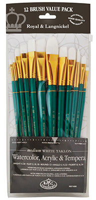 Royal Brush Zip N' Close 12-Brush Set, White Taklon, Short Handle, Filbert