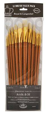 Royal Brush Zip N' Close 12-Brush Set, Bone Taklon, Long Handle, Flat