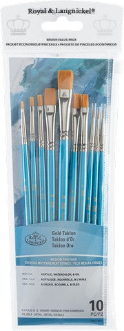 Royal Brush Zip N' Close 10-Brush Set, Golden Taklon, Short Handle, Detail Variety