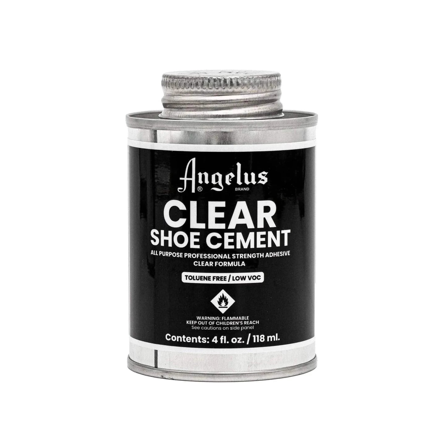 Can of Angelus Clear Shoe Cement on a white background