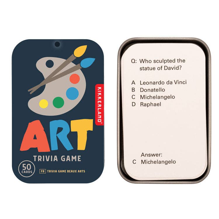 Art trivia game packaging with question and answer card on a white background
