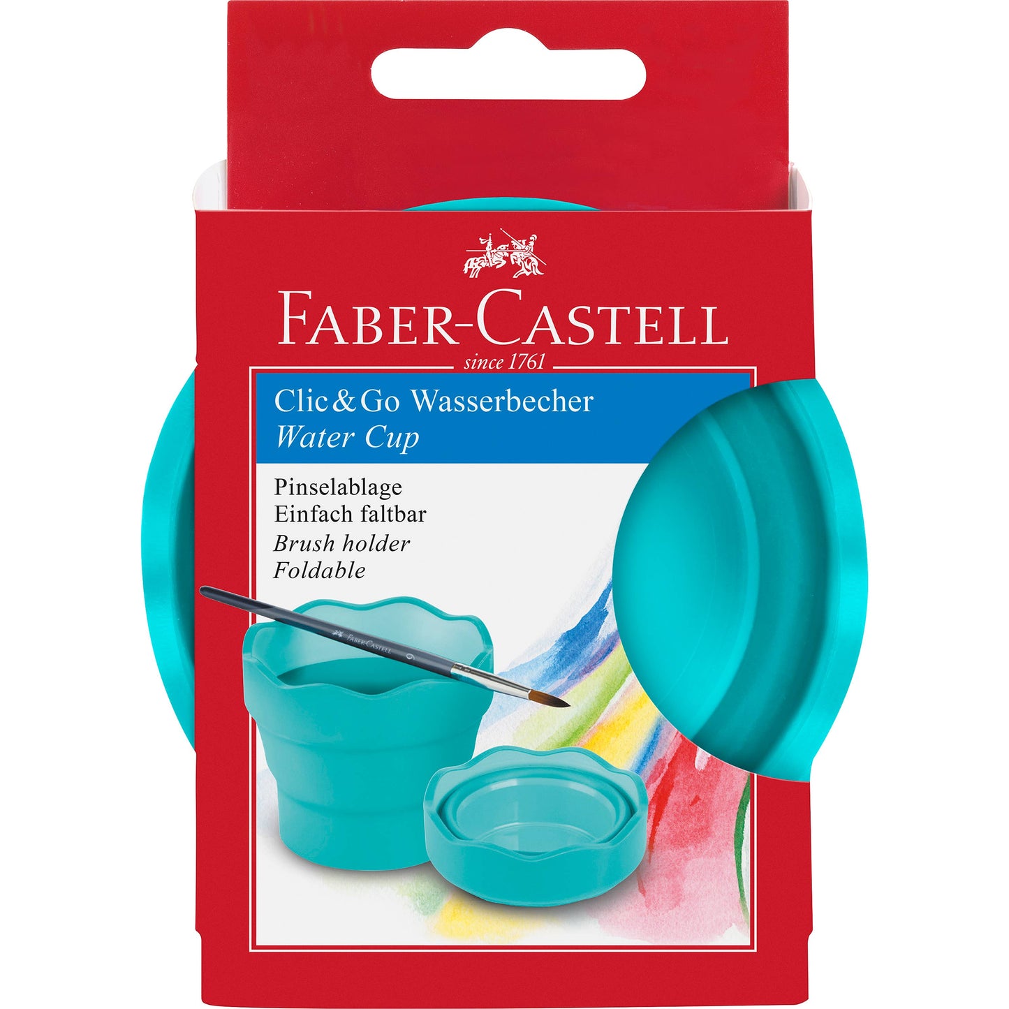 Faber-Castell water cup packaging with a red background