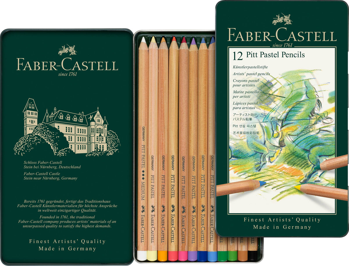 Faber-Castell Pitt Pastel Pencils set with a tin containing colored pencils and a color swatch.