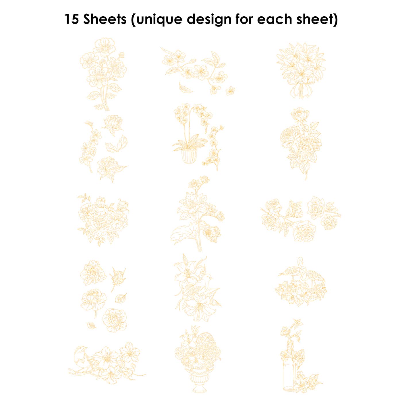 Pattern of small floral designs on a white background with text indicating unique designs per sheet.