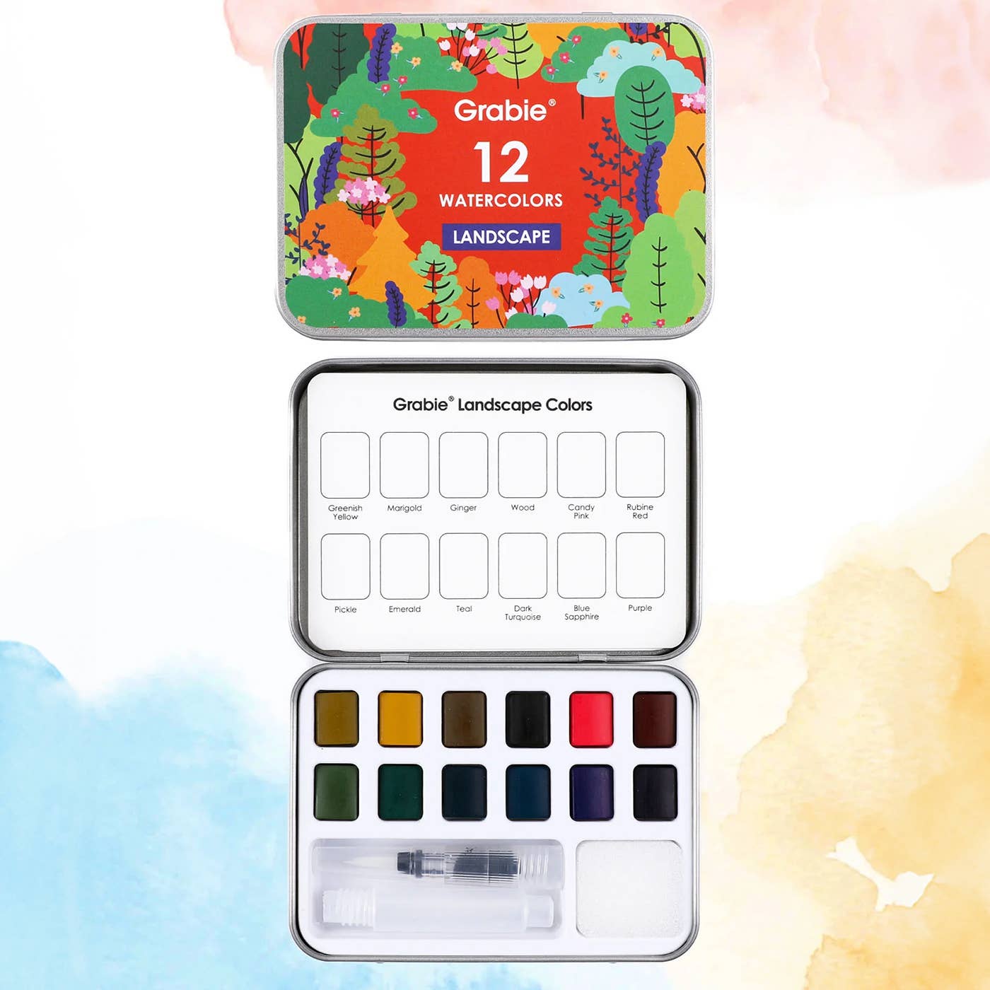Grabie watercolor set with a tin featuring landscape design on a white background