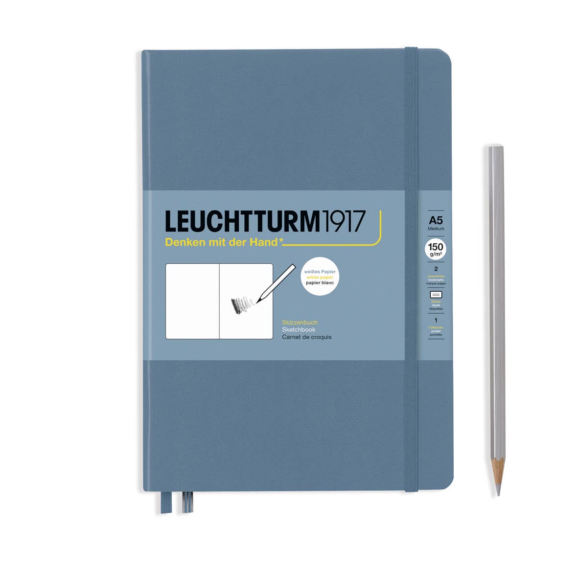 Blue notebook with 'Leuchtturm1917' branding and a pencil on a white background