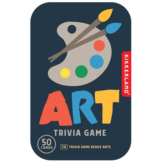 Art trivia game packaging with paint palette and brushes on a dark blue background, featuring the Kikkerland brand.