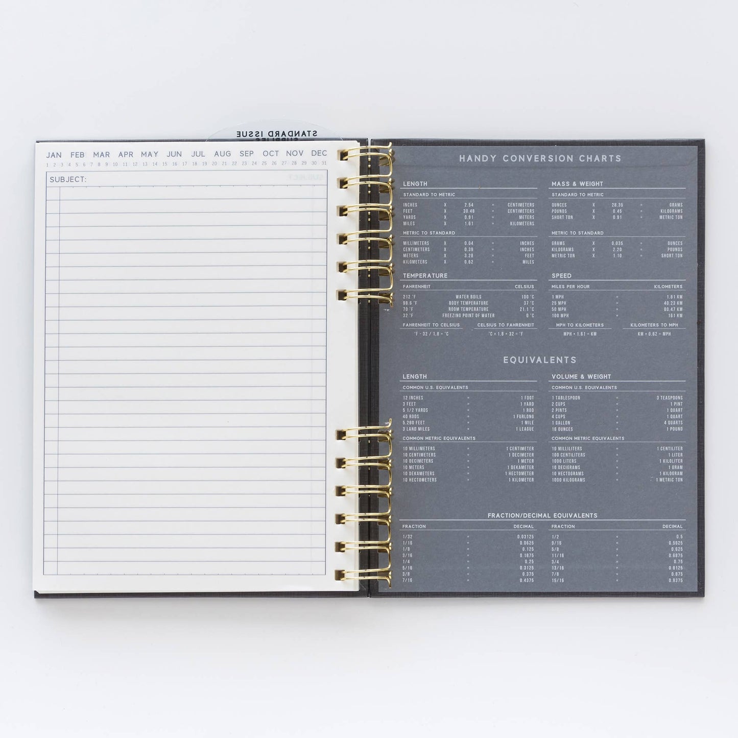 Open planner showing a daily log on one side and conversion charts on the other, on a white background.
