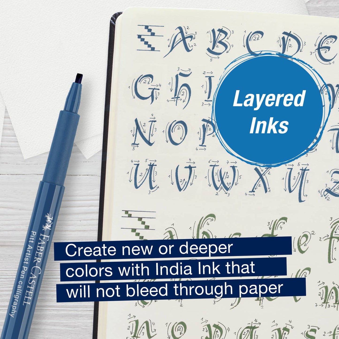 Notebook with lettering and a blue pen, featuring text about India Ink.
