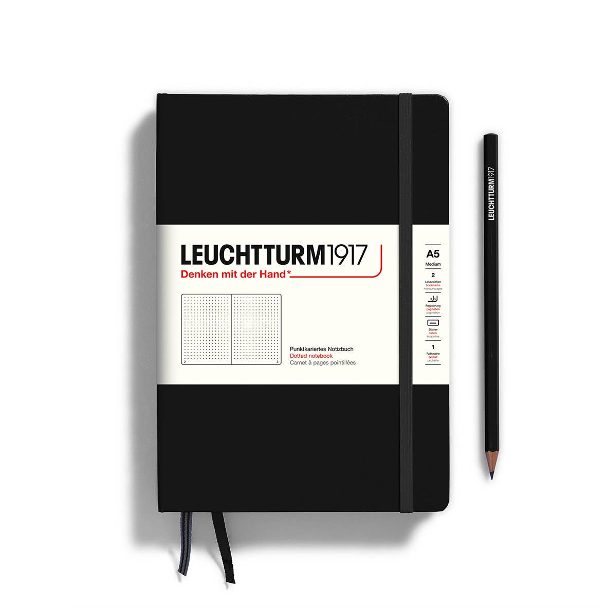 Black notebook with Leuchtturm1917 branding on a white background