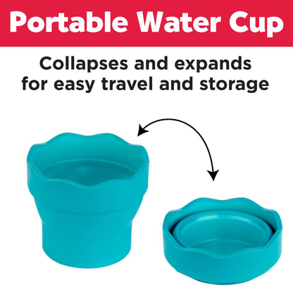 Collapsible teal water cup with text on a white background