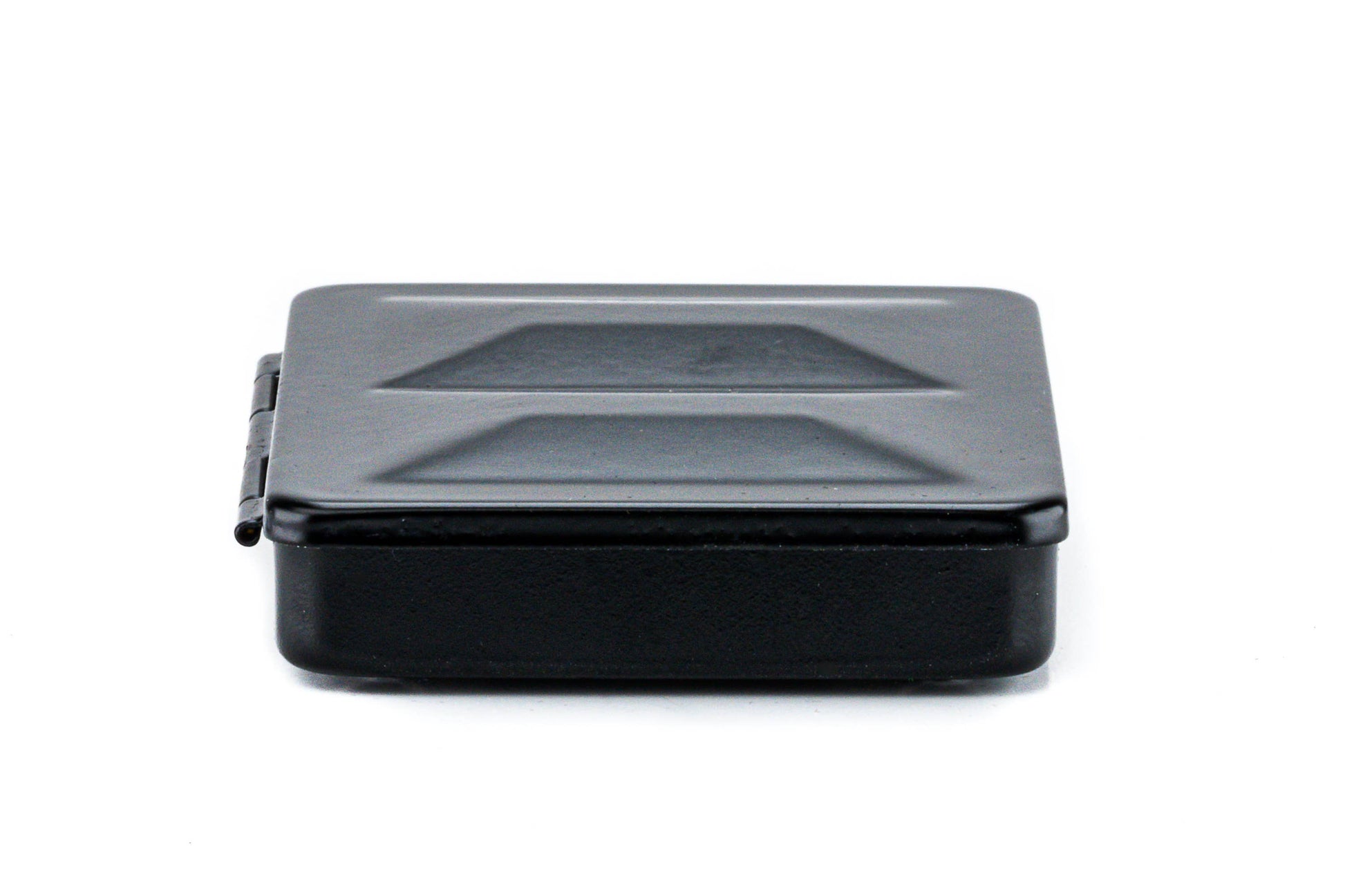 Black rectangular container with lid on a white background