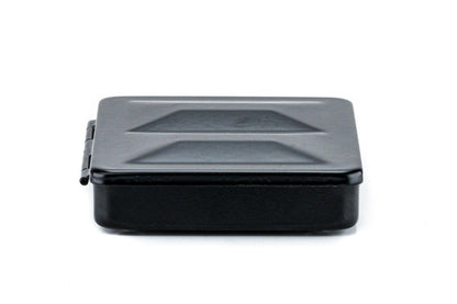 Black rectangular container with lid on a white background