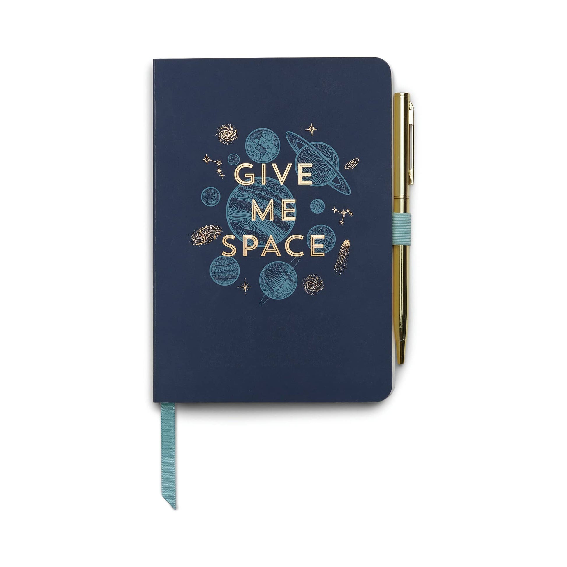 Navy blue notebook with 'Give Me Space' design and pen on a white background
