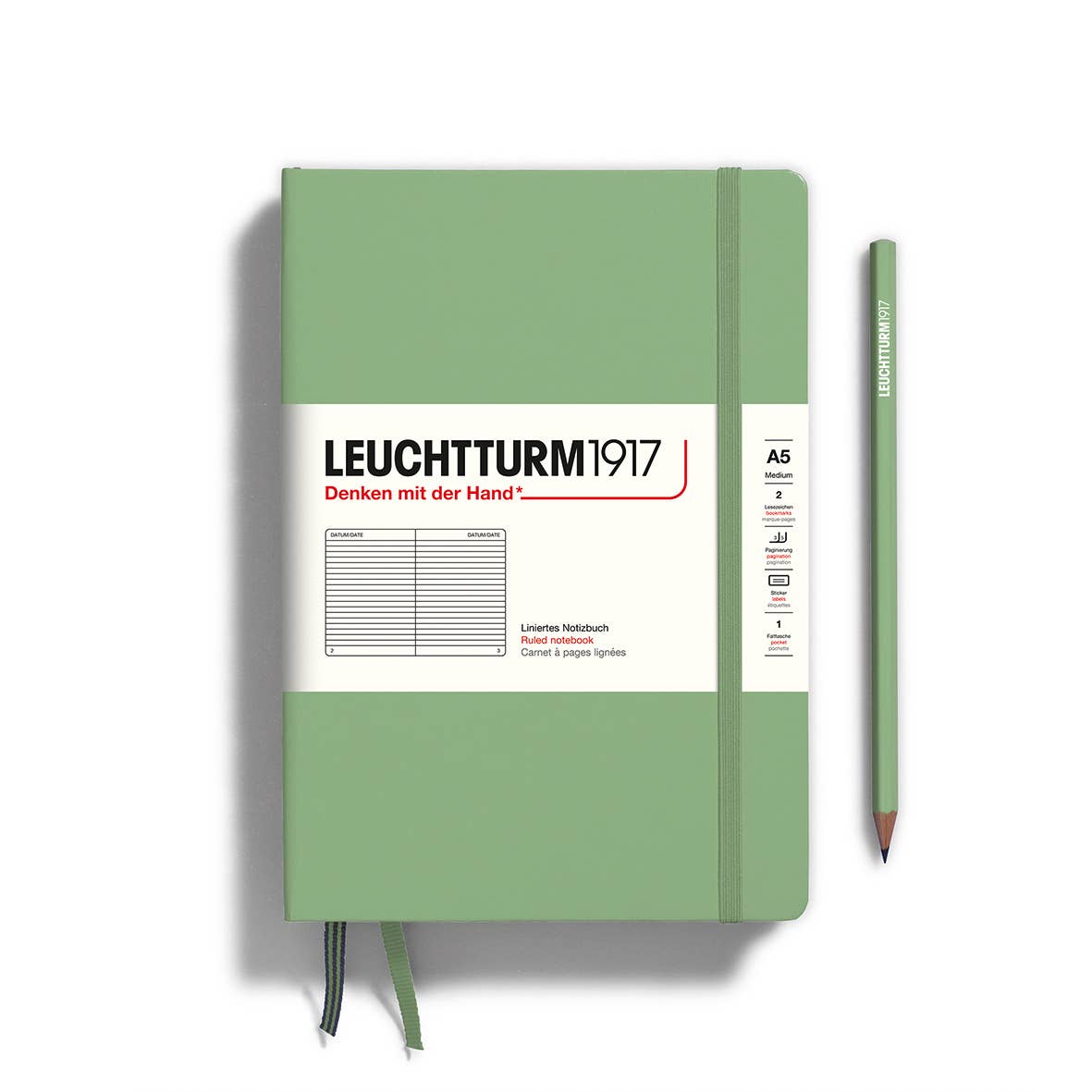 Green notebook with Leuchtturm1917 branding on a white background
