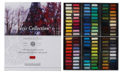 A collection of extra-soft pastel sets by Sennelier, displayed in a box with a variety of colors visible outside the box.