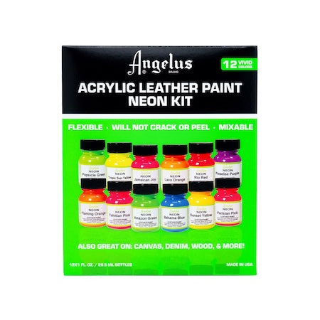 Angelus Acrylic Leather Paint Neon Kit packaging with colorful bottles on a white background