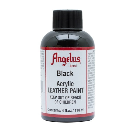 A bottle of Angelus brand black acrylic leather paint with a white label and red text, 4 oz in size.