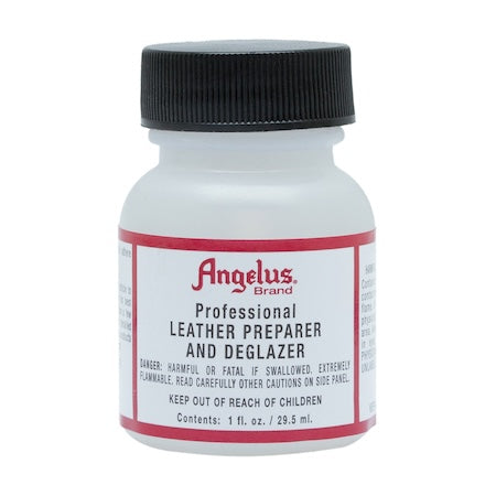 A bottle of Angelus Leather Preparer & Deglazer with a white label and red text, indicating it is a professional leather preparer and deglazer.