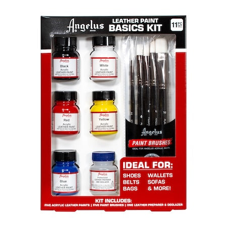 Angelus Leather Paint Basics Kit packaging with paint bottles and brushes on a white background