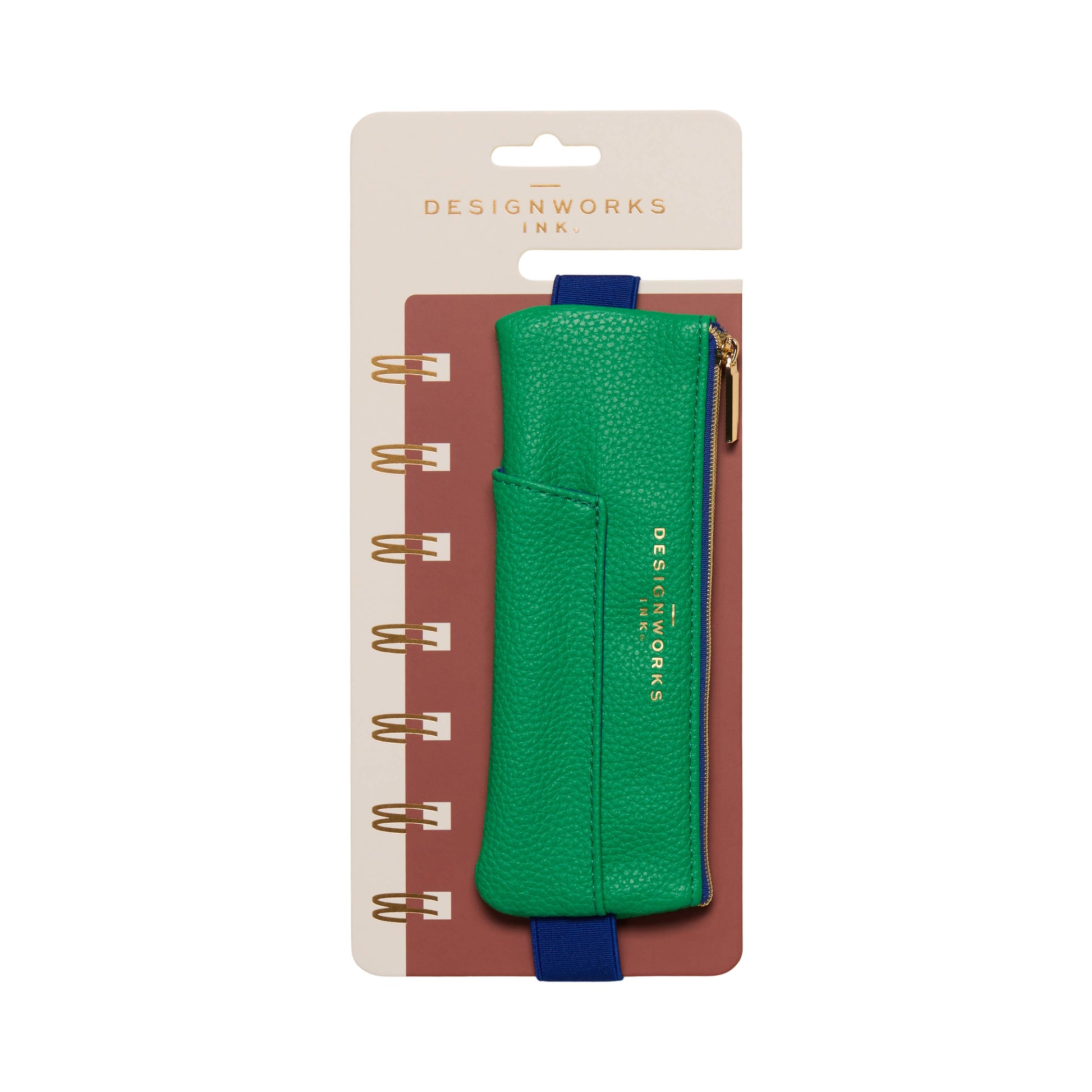 Green zipper pouch on a brown planner with 'Designworks' branding.