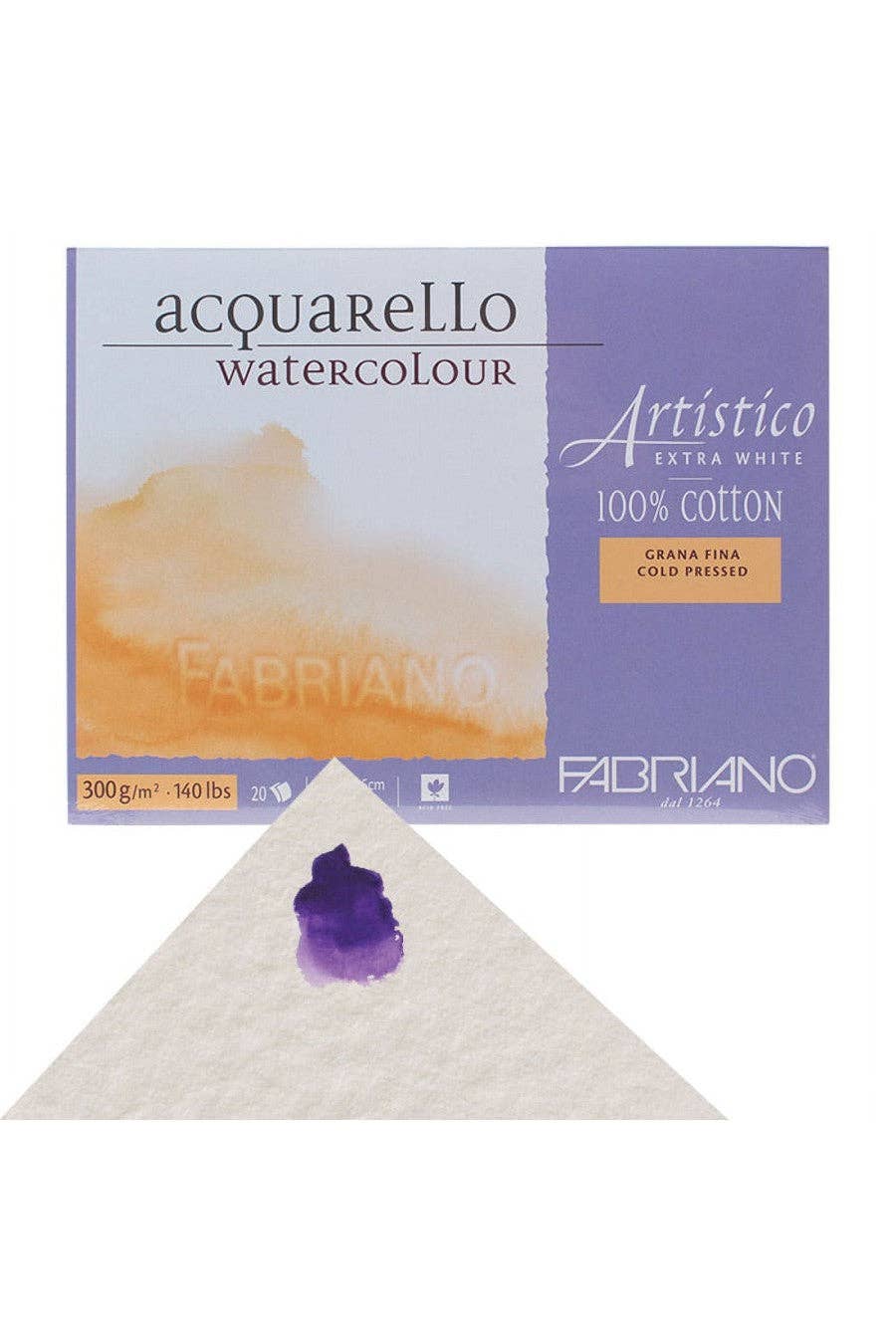 Fabriano Acquarello watercolor paper packaging with a sample of watercolor paint on white background