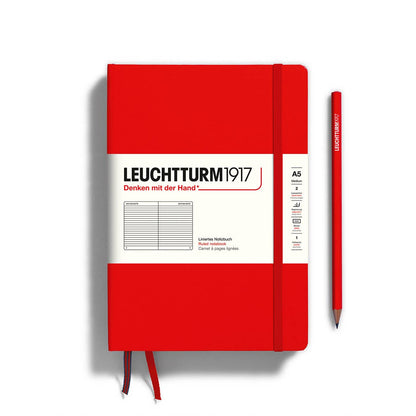 Red notebook with white label featuring 'Leuchtturm1917' on a white background