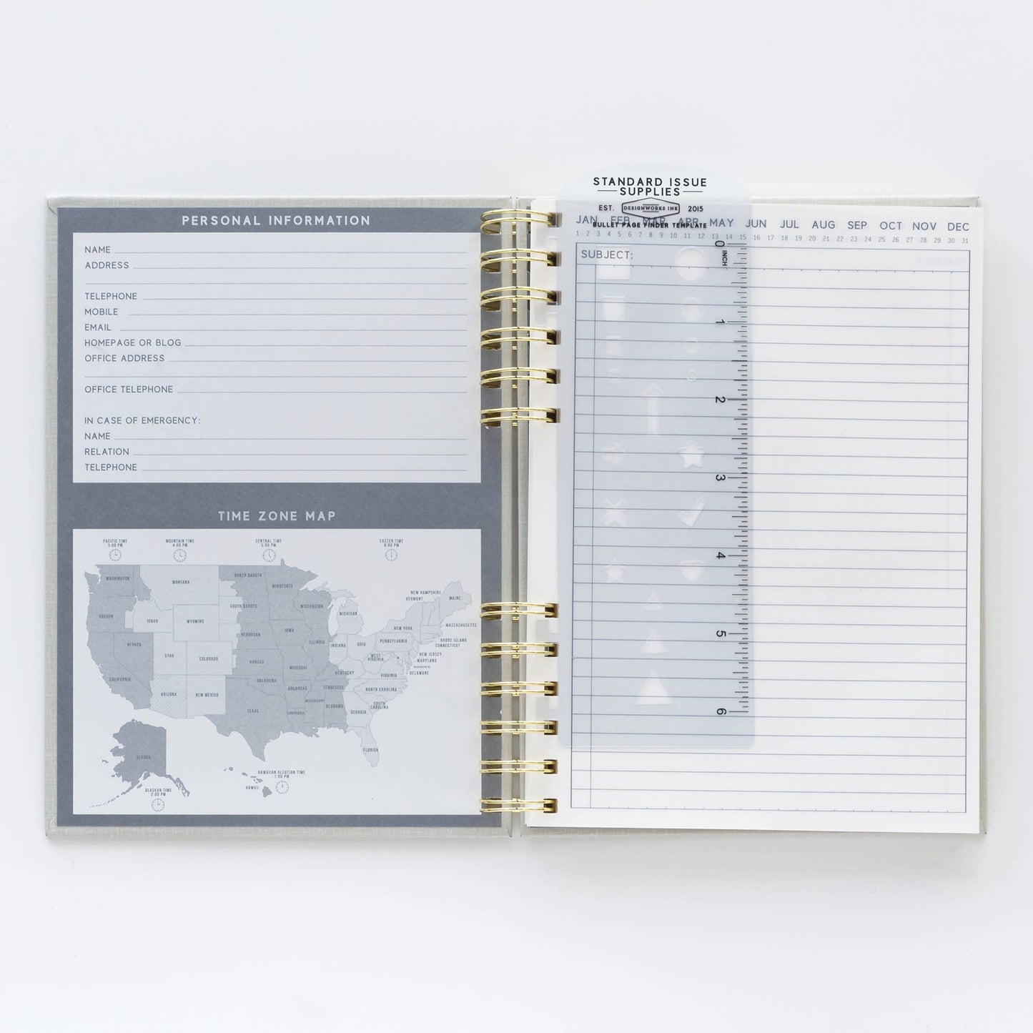 Open planner with map and time zone information on a white background