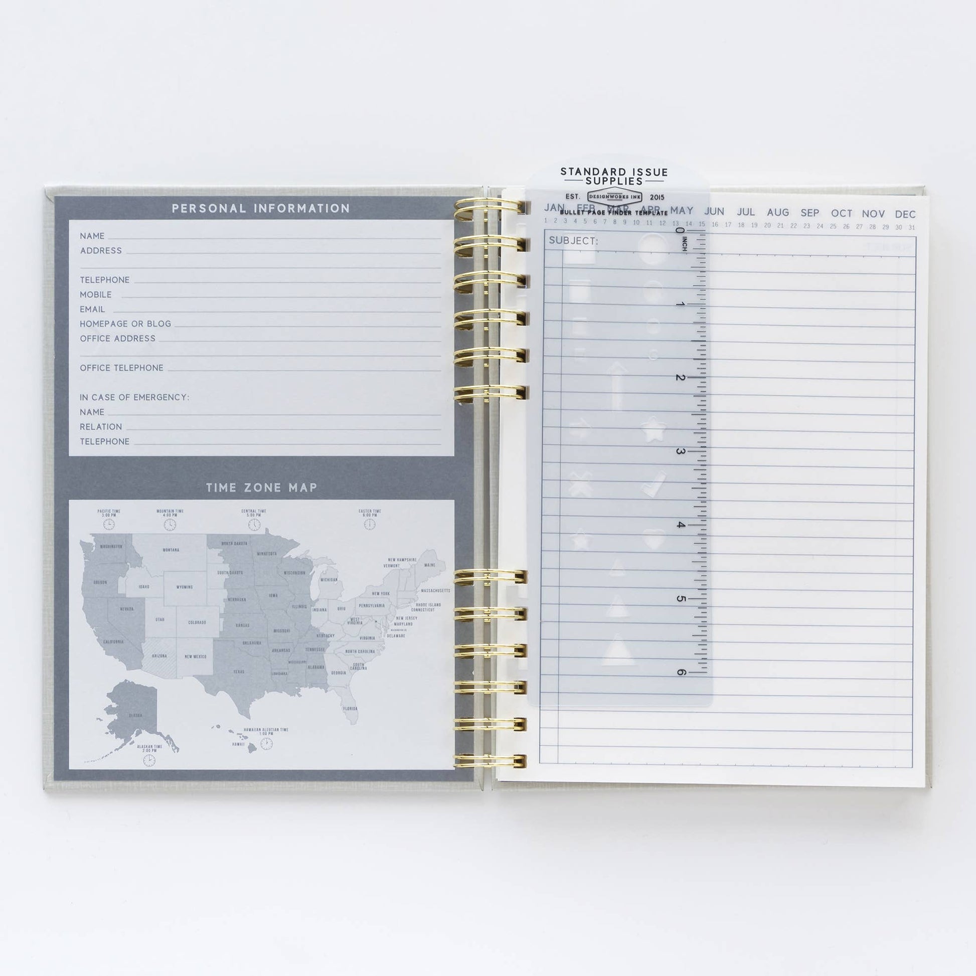 Open planner with map and time zone information on a white background