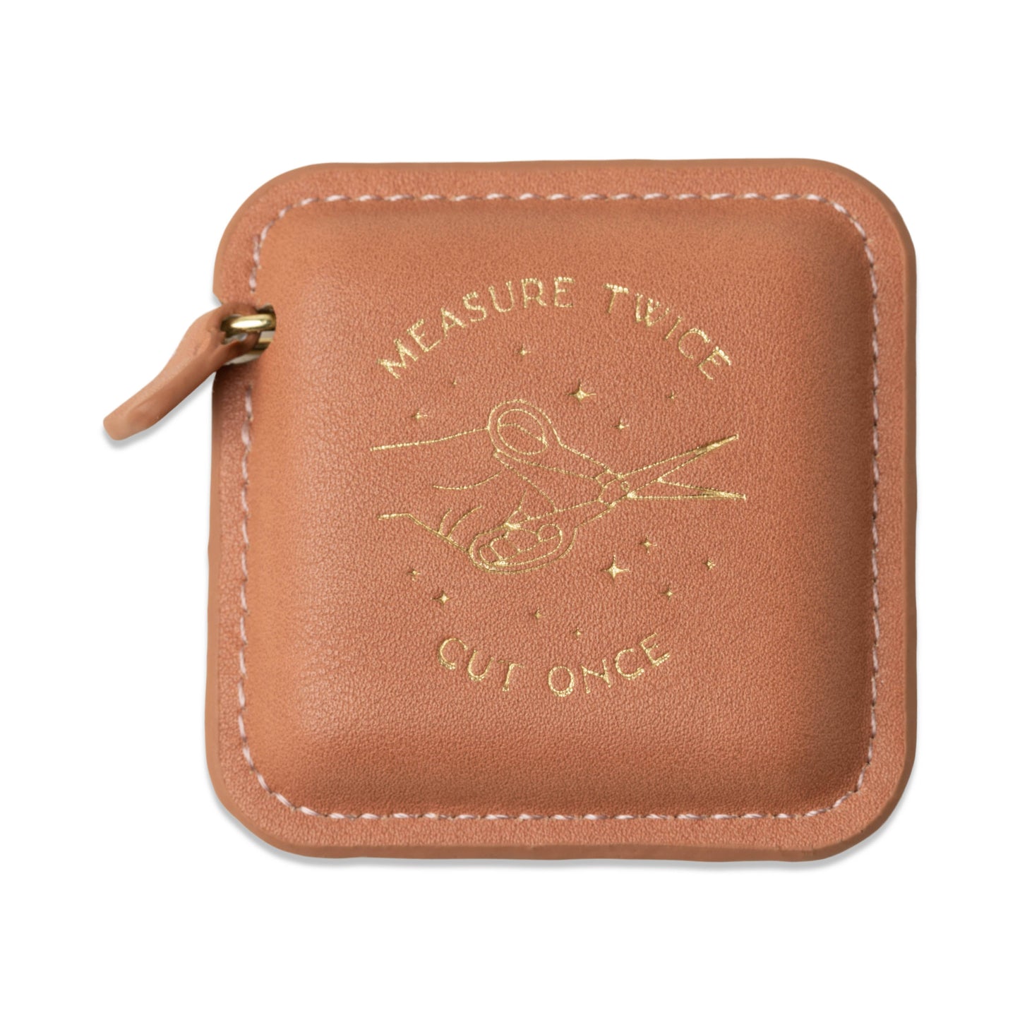 Brown leather pouch with engraved text and airplane design on a white background