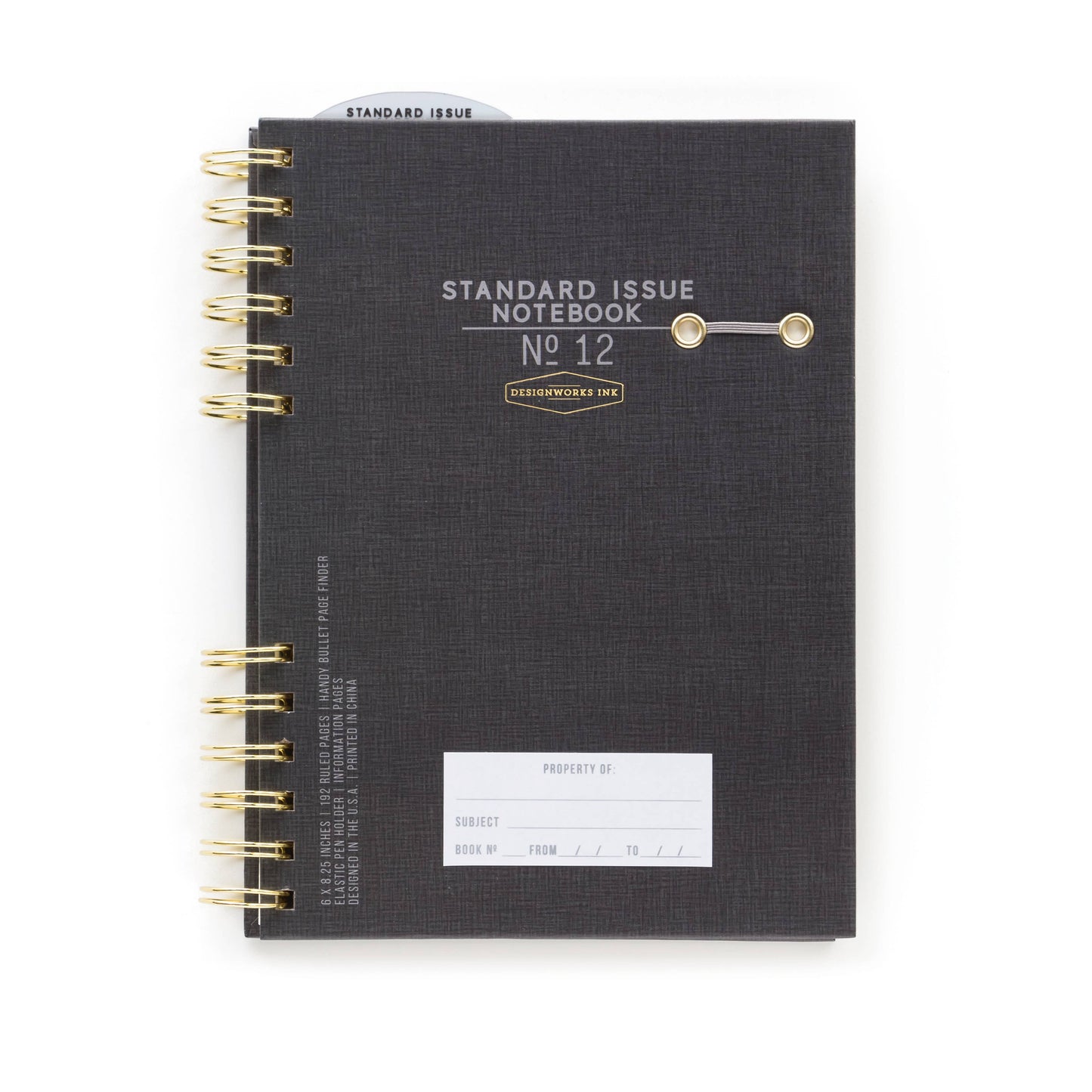 Black notebook with gold spiral binding on a white background