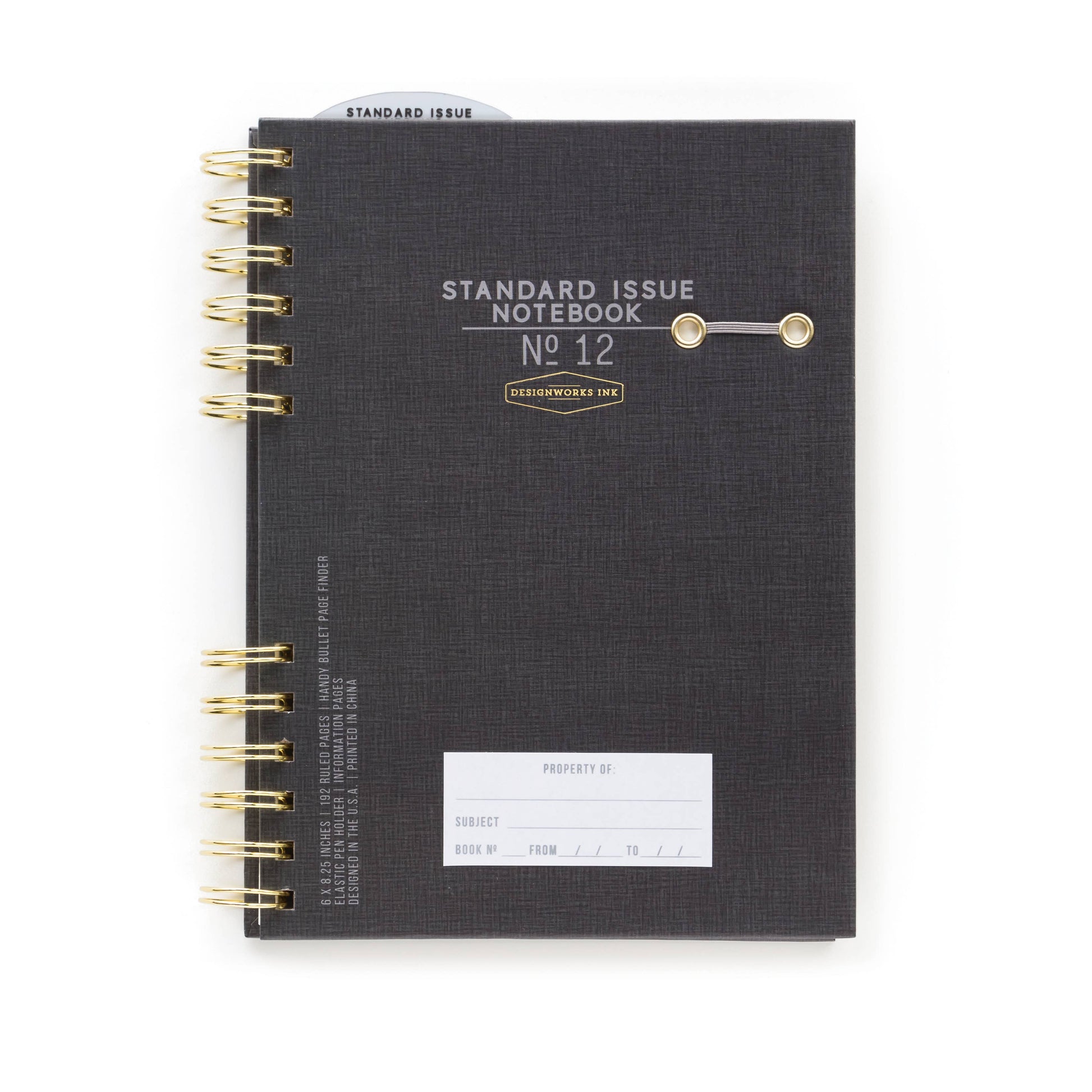 Black notebook with gold spiral binding on a white background