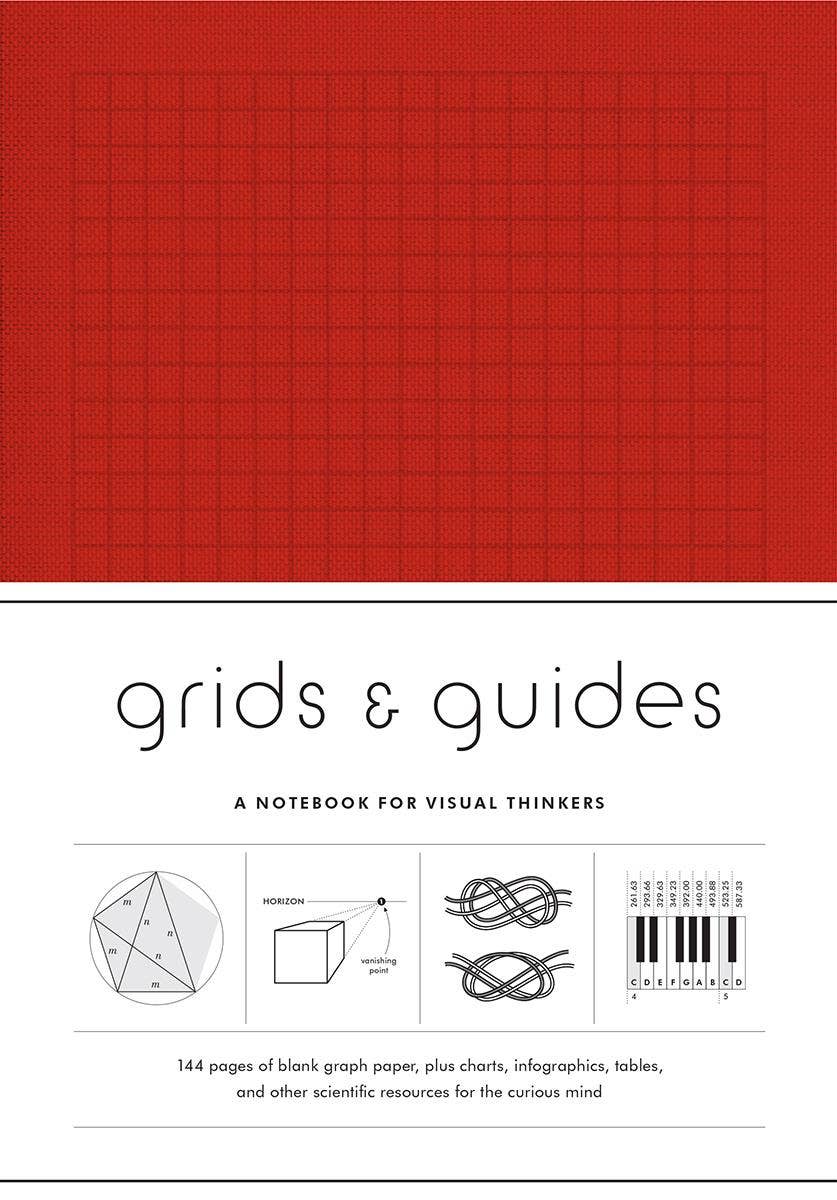 Red notebook with grid pattern on cover and text about 'grids & guides' on a white background