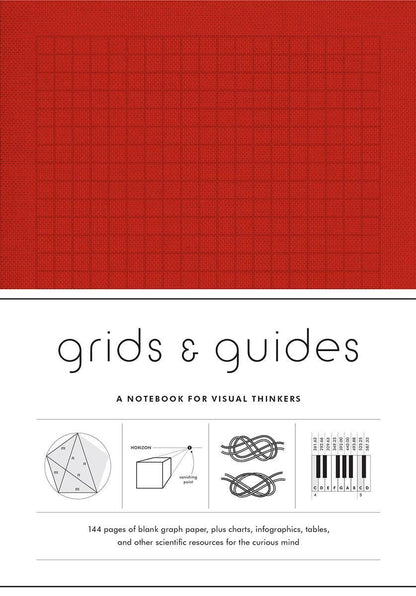 Red notebook with grid pattern on cover and text about 'grids & guides' on a white background