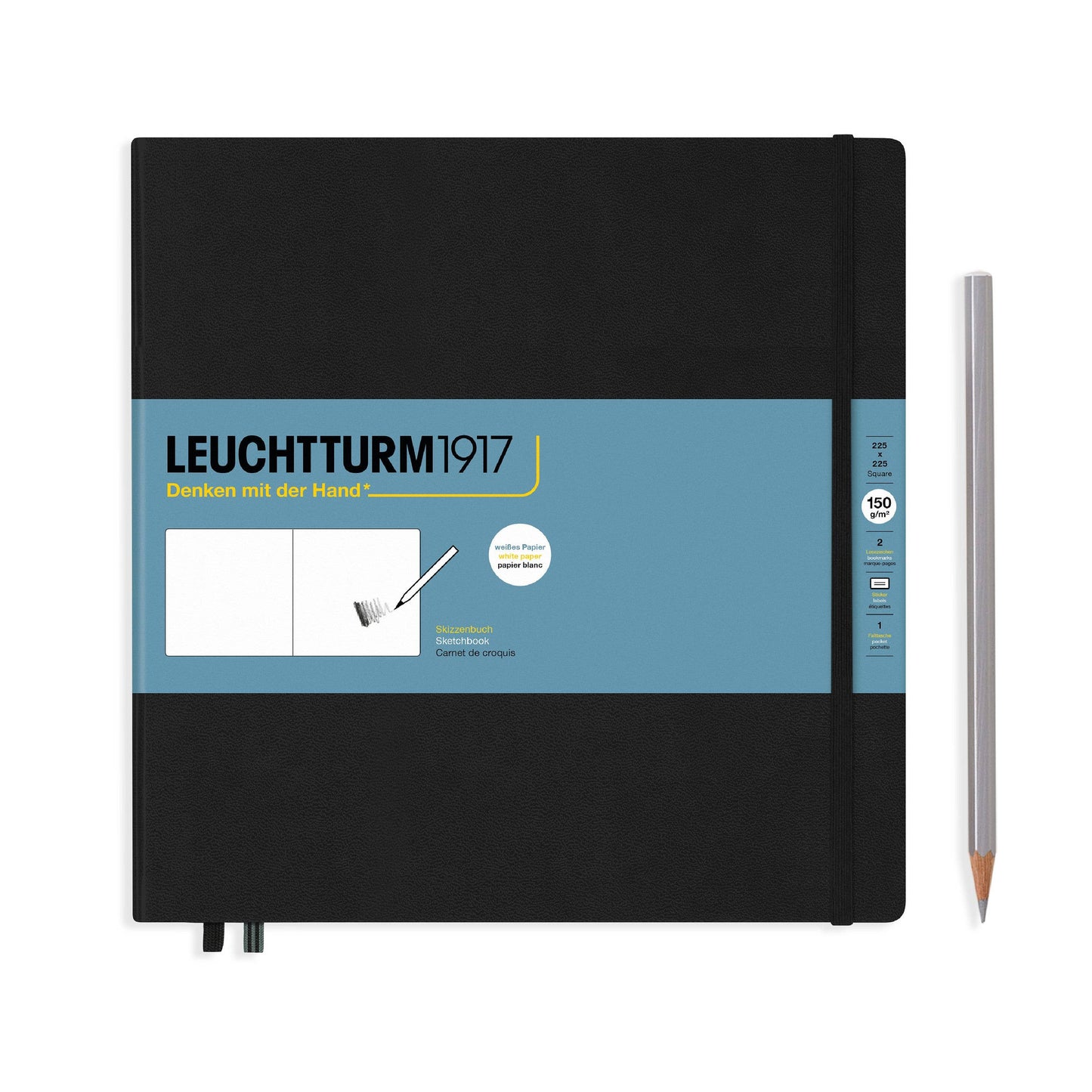Black notebook with blue label featuring 'Leuchtturm1917' on a white background